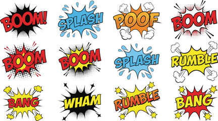 Comic, sound, effects, set, boom, bang, splash, poof, wham, rumble, pop, art, cartoon, explosion, colorful, vector, illustration, speech, bubble, collection © Mdmostakim