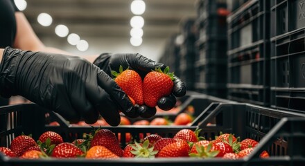 Gloved hands carefully holding ripe strawberries from a harvest crate in a warehouse setting
