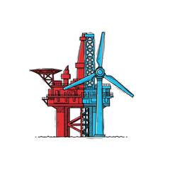 Conceptual illustration contrasting traditional oil rig with modern wind turbine for energy transition themes.