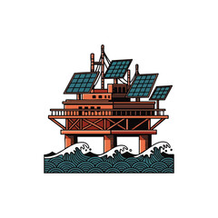 Offshore oil rig integrated with solar panels, symbolizing a transition towards renewable energy solutions.