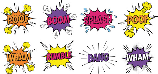 Comic, sound, effects, set, pop, art, boom, bang, splash, poof, wham, rumble, explosion, speech, bubble, cartoon, colorful, vector, illustration, collection © Mdmostakim