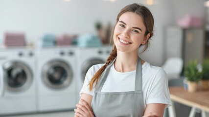 Smiling young woman wearing an apron standing with crossed arms in modern bright laundry room