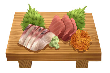 Premium realistic hand-drawn watercolor illustration of sashimi set on wooden geta includes sliced tuna or maguro and yellowtail or hamachi with shiso leaves, wasabi, and shredded daikon. Isolated.