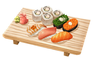 Premium realistic hand-drawn watercolor illustration of sushi set on wooden geta includes california rolls, shrimp nigiri, tuna, salmon, seaweed salad gunkan, and spicy roe. Isolated white background.