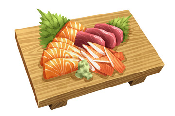 Premium realistic hand-drawn watercolor illustration of sashimi set on wooden geta includes salmon slices, tuna, and crab sticks or surimi with shiso leaves and wasabi. Isolated white background.