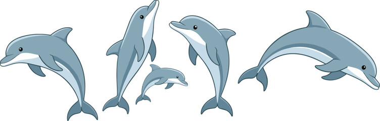 Obraz premium Dolphin family cartoon vector set with adult and baby dolphins isolated on white background illustration