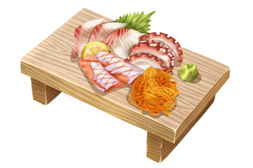 Premium realistic hand-drawn watercolor illustration of sashimi set on wooden geta includes octopus or tako, salmon toro and hamachi served with lemon, shiso, and wasabi. Isolated white background.