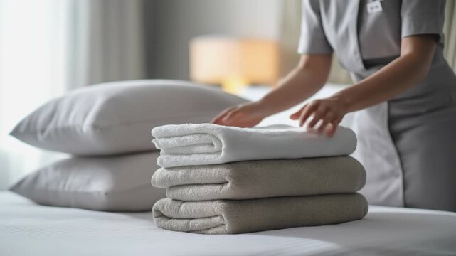 Close-up of hotel maid's hands neatly stacking fresh white and beige towels on bed. Concept of high-quality room service, hospitality and professional housekeeping
