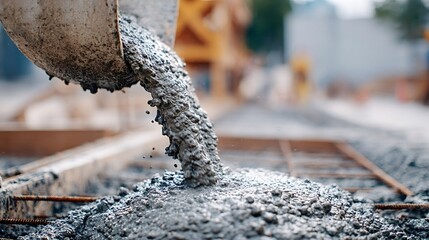 Wet concrete flows from a modern chute, pouring onto steel rebar and wooden formwork, creating a strong foundation for construction and urban development projects