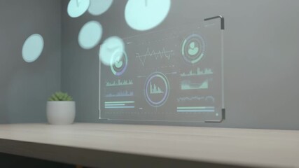Abstract monitoring system interface floating above desk in minimal workspace. Concept of system monitoring, data control and digital oversight - Powered by Adobe