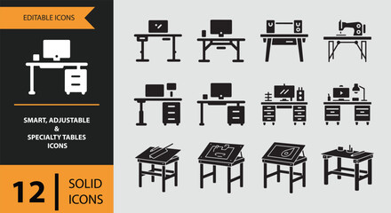 Smart, adjustable, and specialty tables solid icons set for diverse workstations and creative tasks