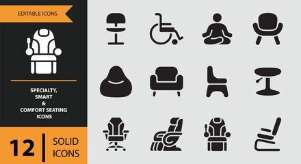 Collection of specialty, smart, and comfort seating icons for various applications