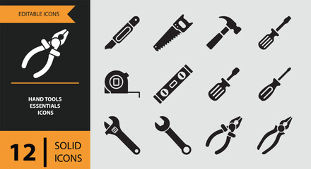 Essential collection of hand tool solid icons for various repair and construction tasks