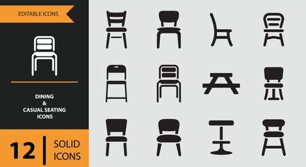 A collection of 12 editable solid icons for dining and casual seating arrangements