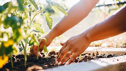 Hands planting seedlings in sunlit garden: a close-up of sustainable home gardening