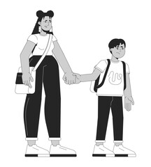 Worried mexican mother and child holding hands 2D line characters. Latino family displacement migration. Latin american refugees isolated vector ink outline people. Monochromatic spot illustration