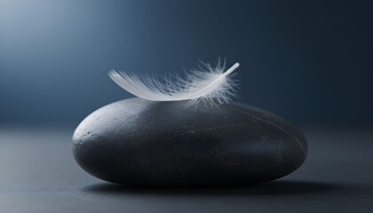 A delicate white feather rests on a smooth black stone in a serene indoor setting with a dark background.