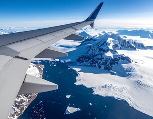 Obraz premium Aerial view of a plane wing over icy mountains