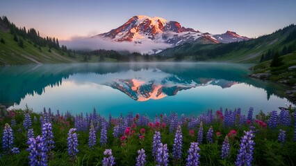 Majestic snow-capped mountain peak reflected in pristine alpine lake at golden hour with wildflower meadow foreground