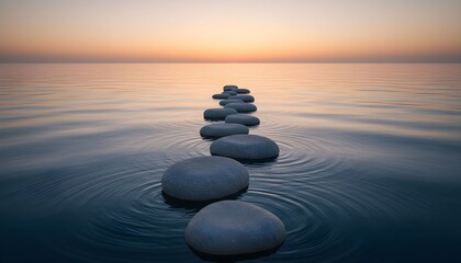 A serene sunset scene with stacked stones in calm water creating ripples at dusk.