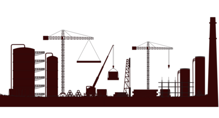 Industrial Silhouette: An intriguing silhouette of an industrial plant, showcasing cranes, tanks, and a towering smokestack, is set against the horizon, embodying the essence of industry.