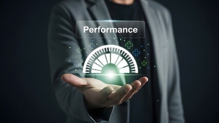 Businessman presenting performance concept with glowing meter