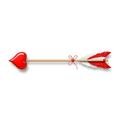 Red heart shaped arrow with white and red feathers tied with bow