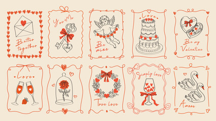 Vintage Hand Drawn Valentine's Day Card Set-Coquette Aesthetic Templates with Hearts, and Bows for Posters, Banners, Branding, and Sale Labels.	