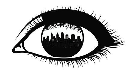 A stylized eye reflecting a city skyline, symbolizing perception and urban life.