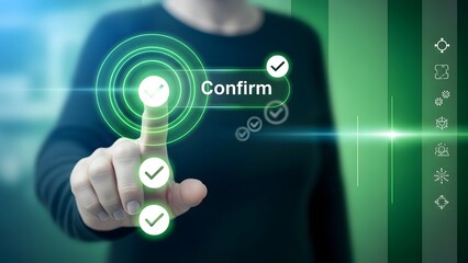 A person interacting with a futuristic virtual interface with confirm and checkmark buttons
