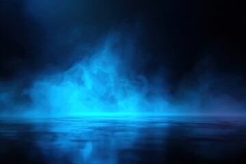 Ethereal Blue Mist: Captivating display of ethereal blue mist, rising gracefully from a reflective surface, illuminated against a stark backdrop creating an atmosphere of mystery and tranquility.