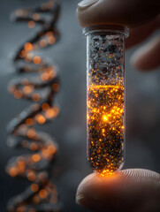 Hand holding a glowing test tube with orange particles against a blurred double helix dna background symbolizing genetic research and biotechnology advancements
