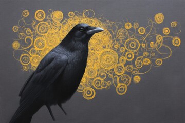 Mysterious Raven: A majestic black raven perches with unwavering focus against a captivating backdrop of artistic golden swirls. The artwork creates an enchanting sense of mystery.