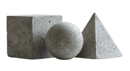 png format. Geometric shapes made of concrete, including a cube, sphere, and pyramid, arranged artistically on a white background, showcasing modern design and minimalism