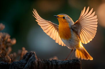 bird lands on wooden stump with wide open wings. Orange breasted songbird stands on wood in natural environment. Wild animal takes flight prepares to fly in warm golden light at sunrise sunset time.