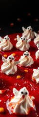 Sugar-spun ghost meringues float on a crimson sauce canvas, crowned with candy corn constellations, a macabre masterpiece,  unique,  white