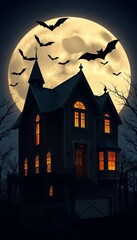Spooky haunted house with bats in silhouette against a full moon night,  creepy,  dark