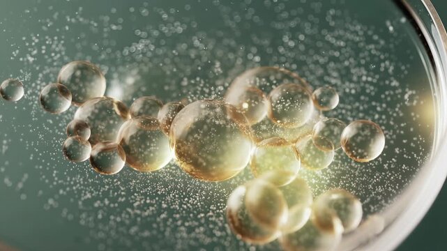Macro shot of golden emulsion bubbles in a petri dish, highlighting luxury skincare ingredients and modern dermocosmetic innovation for commercial branding