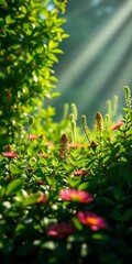 Emerald titans, drenched in sunlight, a kaleidoscope of greens in a soft-focus, dreamlike expanse,  bokeh,  saturated