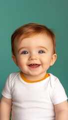 Naklejka premium Charming Close-Up Portrait of a Smiling Little Red-Haired Baby with Joyful Expression