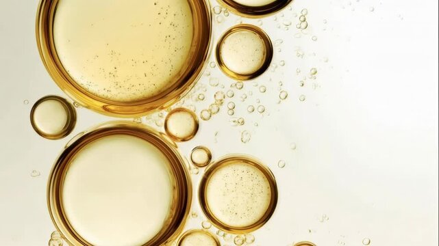 Macro shot of golden emulsion bubbles in a petri dish, highlighting luxury skincare ingredients and modern dermocosmetic innovation for commercial branding