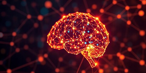 Abstract glowing network nodes forming a brain shape, futuristic AI concept,  algorithm,  smart