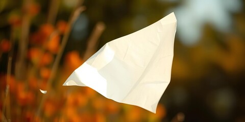 A single sheet of paper, airborne, caught in a gentle breeze,  flying,  white