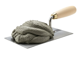 Pristine steel trowel with a birch handle holding a mound of wet gray cement mortar isolated on a brilliant white background. Concept of craftsmanship and masonry