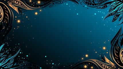 Deep blue ornate decorative lines with sparkling star particles and luminous bokeh, luxurious celestial backdrop for wedding invites, event decor, branding banners