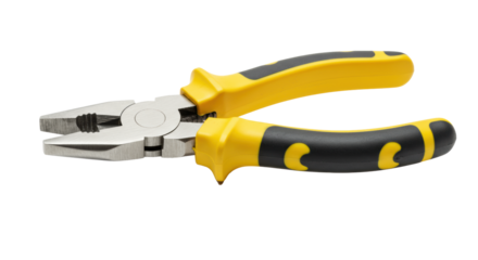 Professional combination pliers with steel jaws and rubberized grips isolated on a white background with copy space. Concept of industrial tools and equipment