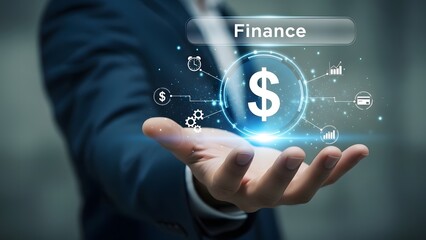Businessman presenting finance and investment concept with digital symbols