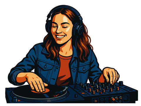 smiling female DJ wearing headphones and mixing music on turntables, representing nightlife, electronic music, and live entertainment. Generative ai raster colorful pop art illustration.