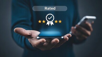 A person rating on a smartphone with a glowing review interface