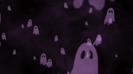 A spooky video features a group of ghosts floating in the dark air at night . use as multipurpose tittle intro, background. product mockup. motion graphics background